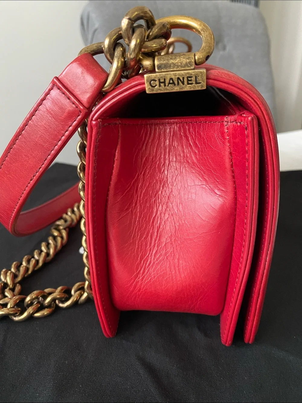 Chanel Boy Red Medium Bag Gold Hardware Comes Full Set: COA, Dust Bag, Box